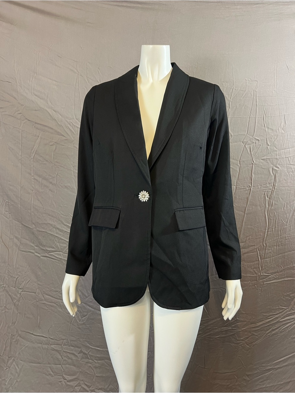 Black Single-Button Embellished Jewel Blazer